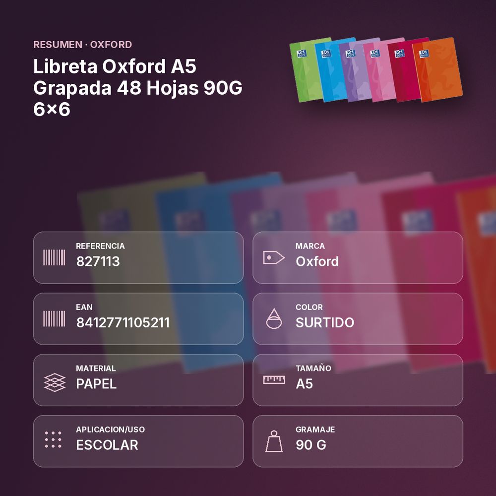 LIBRETA OXFORD A5 GRAPADA 48 HOJAS 90G 6X6   - resumen de atributos