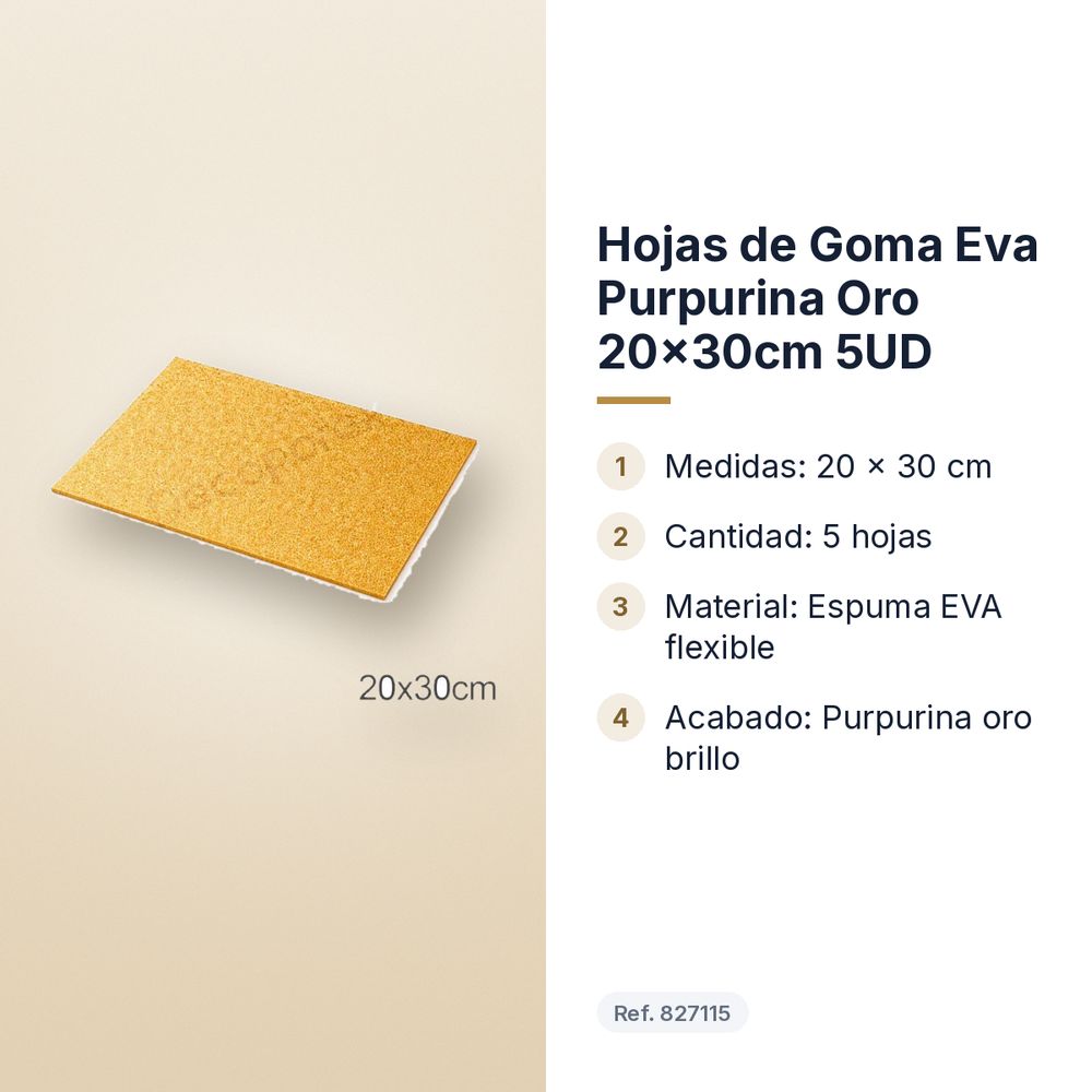 HOJAS DE GOMA EVA PURPURINA ORO 20X30CM 5UD - características principales