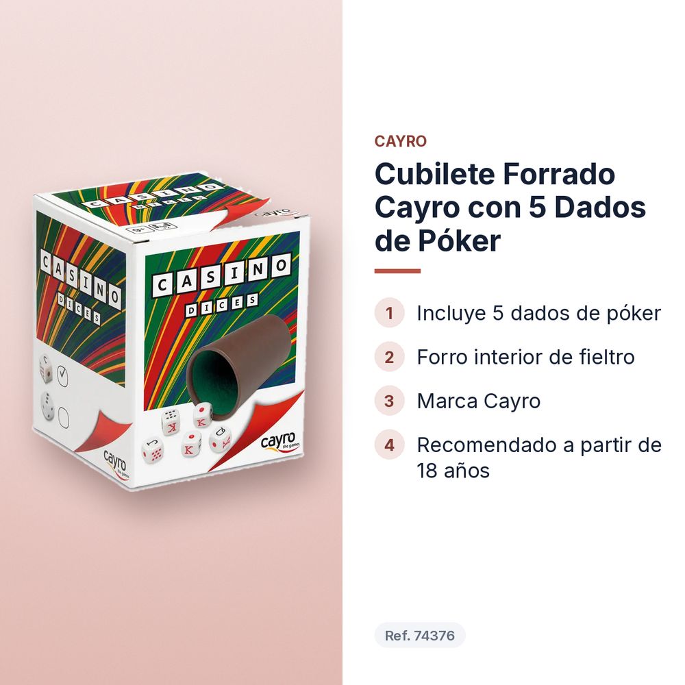 CUBILETE FORRADO CAYRO CON 5 DADOS DE PÓKER - características principales