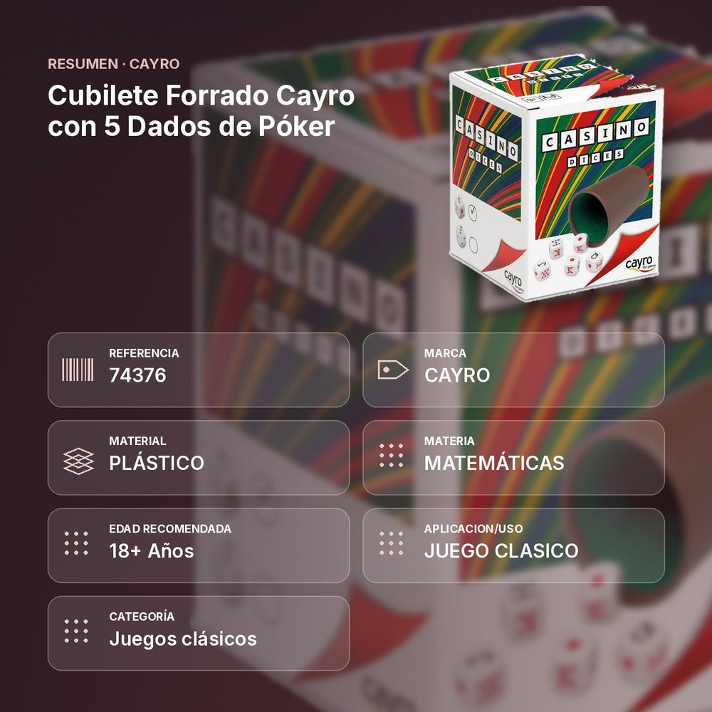 CUBILETE FORRADO CAYRO CON 5 DADOS DE PÓKER - resumen de atributos