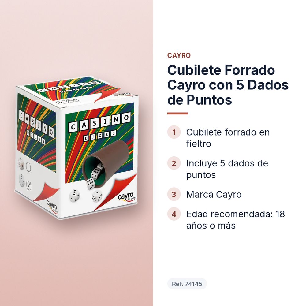 CUBILETE FORRADO CAYRO CON 5 DADOS DE PUNTOS - características principales