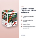 CUBILETE FORRADO CAYRO CON 5 DADOS DE PUNTOS - características principales
