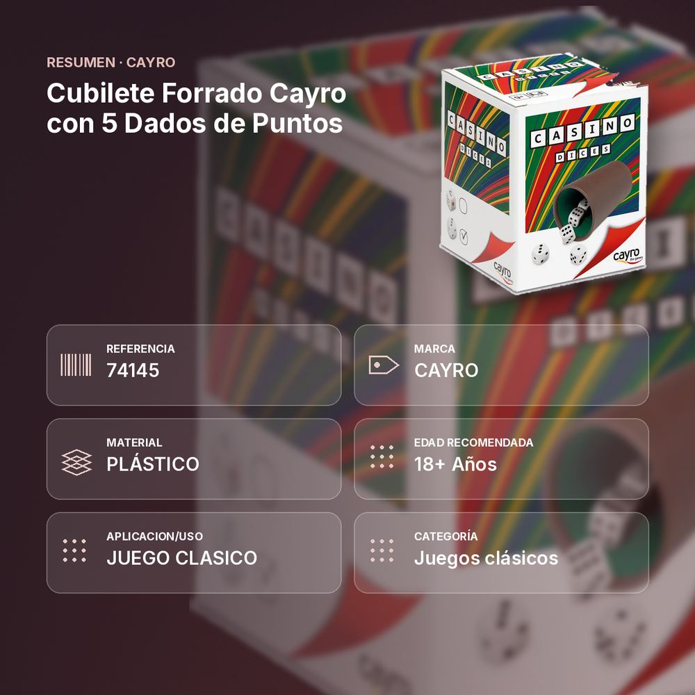 CUBILETE FORRADO CAYRO CON 5 DADOS DE PUNTOS - resumen de atributos