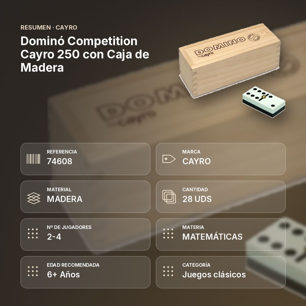 DOMINÓ COMPETITION CAYRO 250 CON CAJA DE MADERA - resumen de atributos