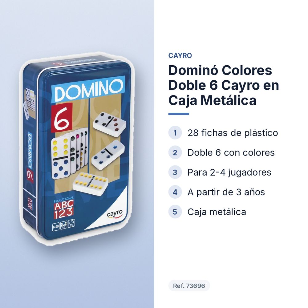 DOMINÓ COLORES DOBLE 6 CAYRO EN CAJA METÁLICA - características principales