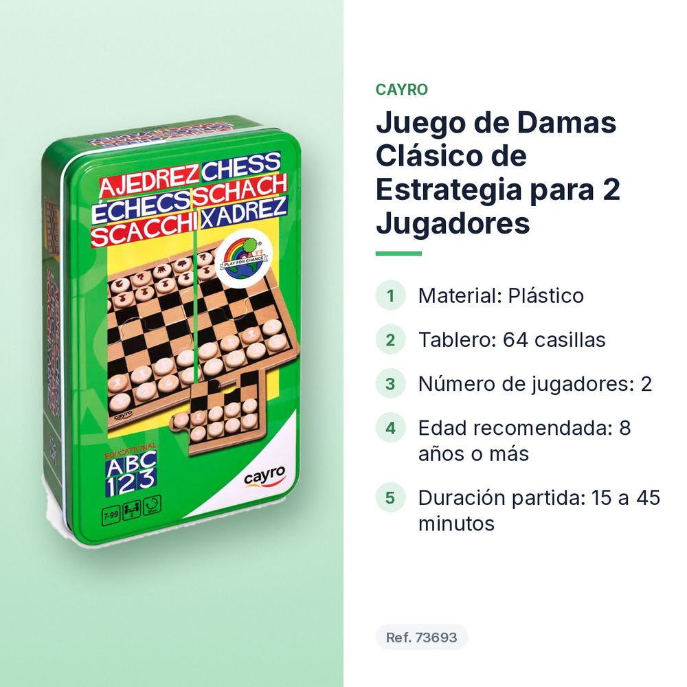 JUEGO DE DAMAS CLÁSICO DE ESTRATEGIA PARA 2 JUGADORES - características principales