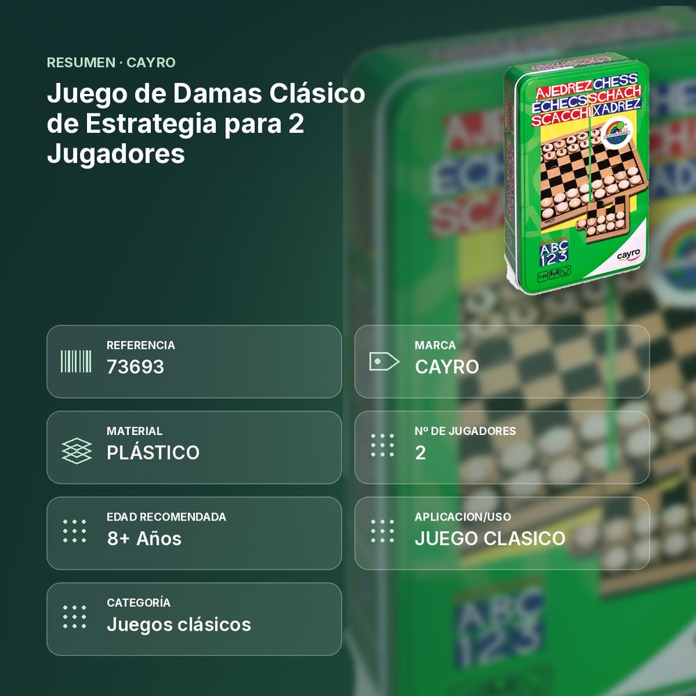 JUEGO DE DAMAS CLÁSICO DE ESTRATEGIA PARA 2 JUGADORES - resumen de atributos