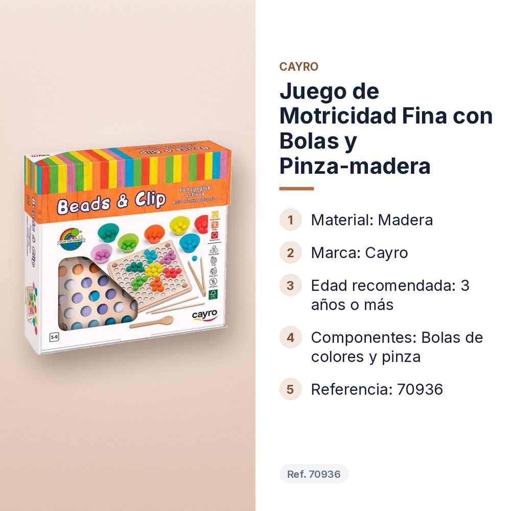 JUEGO DE MOTRICIDAD FINA CON BOLAS Y PINZA-MADERA - características principales