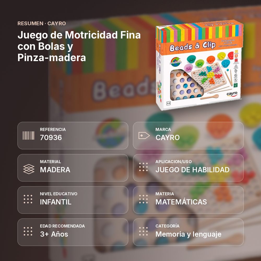 JUEGO DE MOTRICIDAD FINA CON BOLAS Y PINZA-MADERA - resumen de atributos