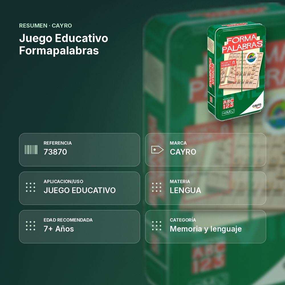 JUEGO EDUCATIVO FORMAPALABRAS - resumen de atributos