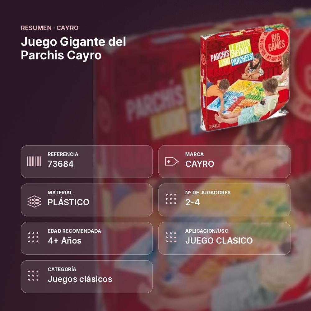 JUEGO GIGANTE DEL PARCHIS CAYRO - resumen de atributos