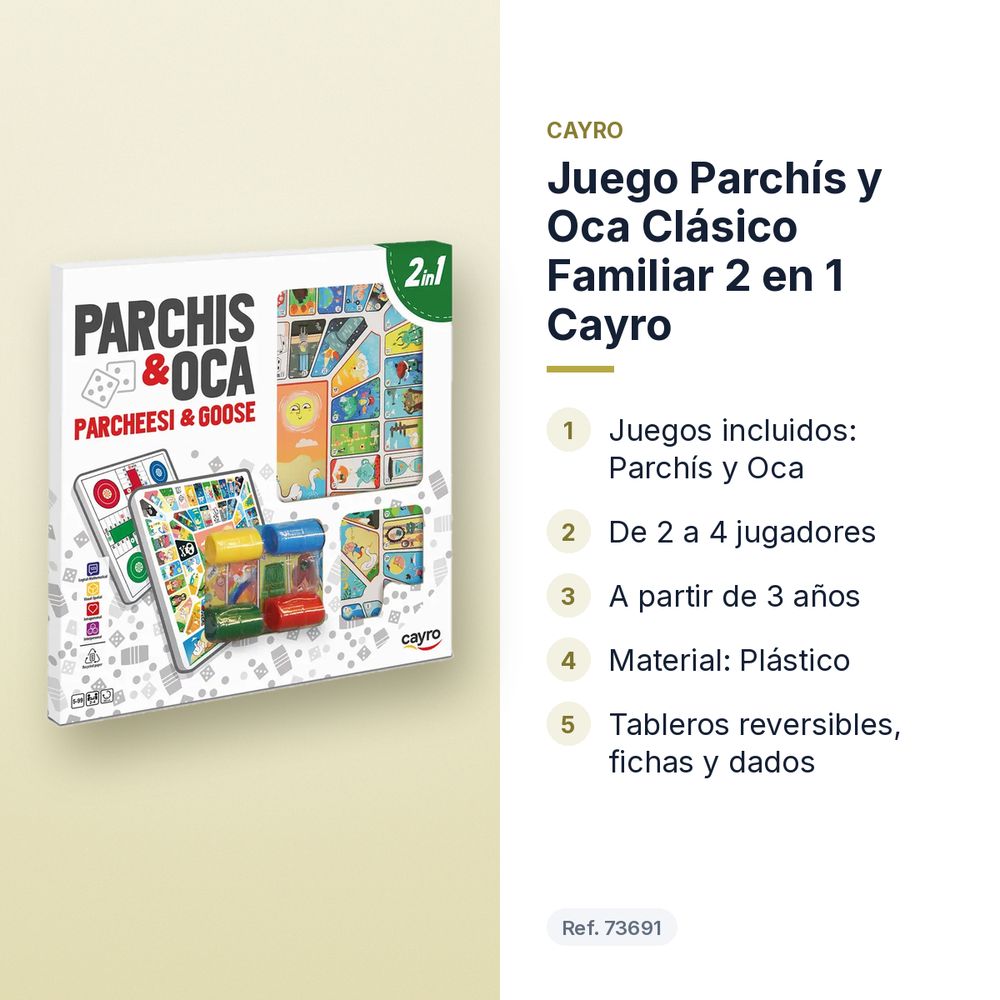 JUEGO PARCHÍS Y OCA CLÁSICO FAMILIAR 2 EN 1 CAYRO - características principales
