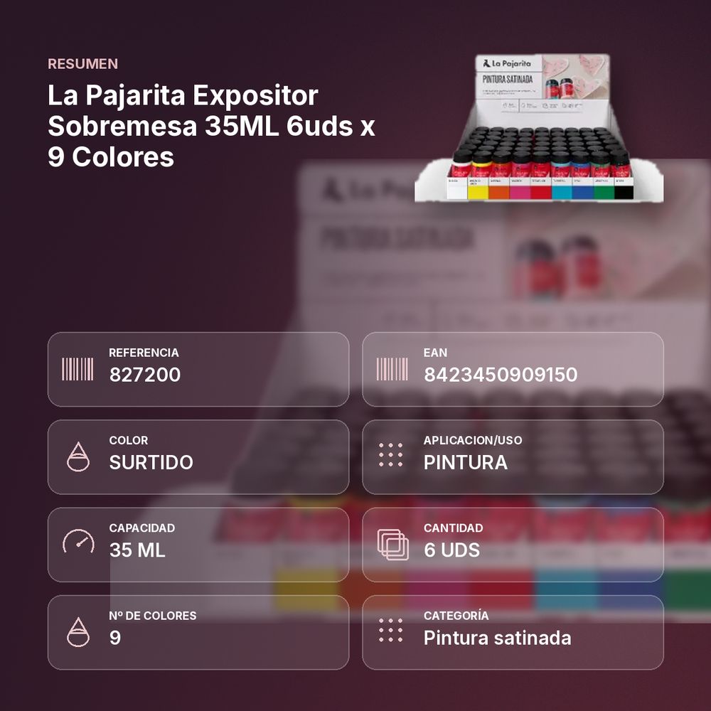 LA PAJARITA EXPOSITOR SOBREMESA 35ML 6UDS X 9 COLORES - resumen de atributos