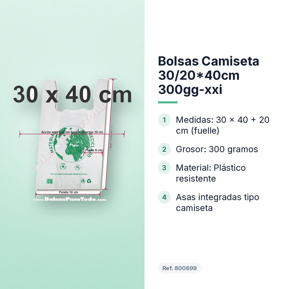 BOLSAS CAMISETA 30/20*40CM 300GG-XXI - características principales