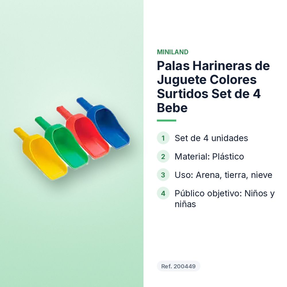 PALAS HARINERAS DE JUGUETE COLORES SURTIDOS SET DE 4 BEBE - características principales