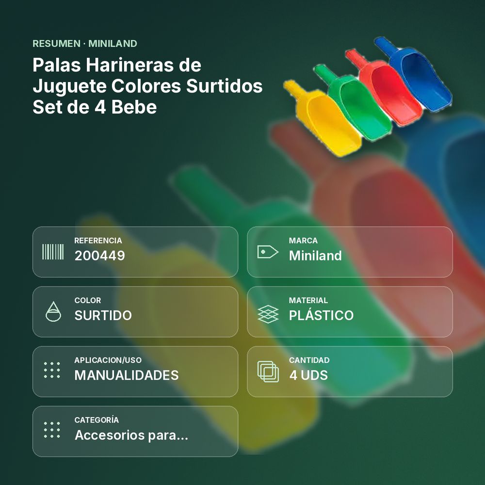 PALAS HARINERAS DE JUGUETE COLORES SURTIDOS SET DE 4 BEBE - resumen de atributos