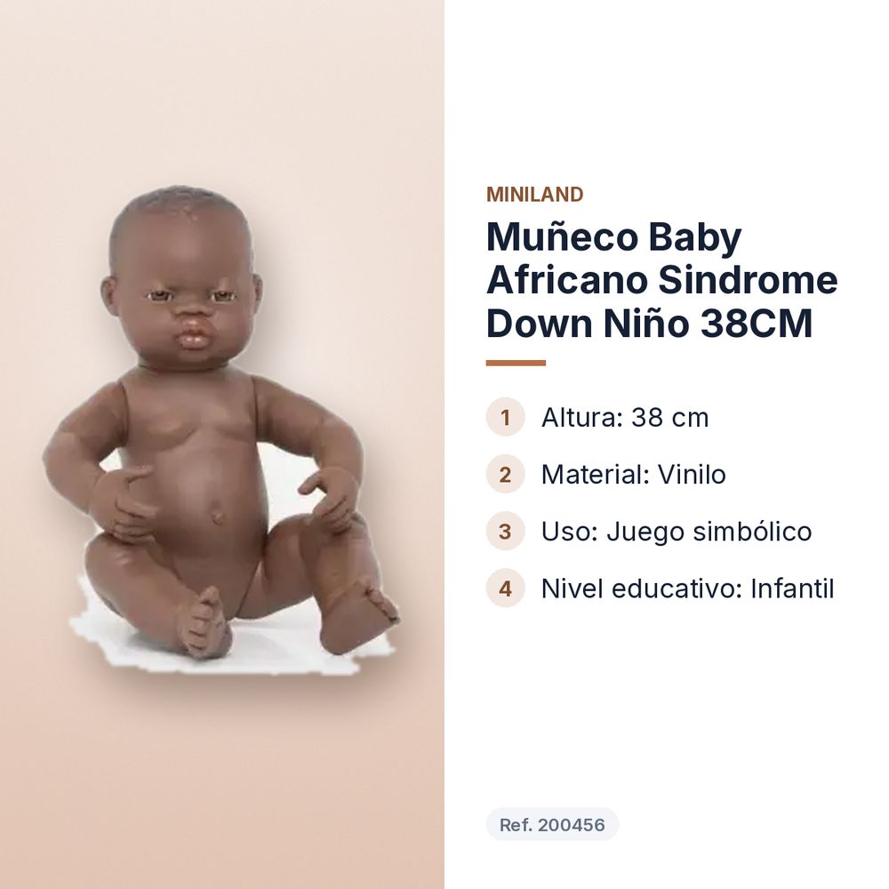MUÑECO BABY AFRICANO SINDROME DOWN NIÑO 38CM   - características principales