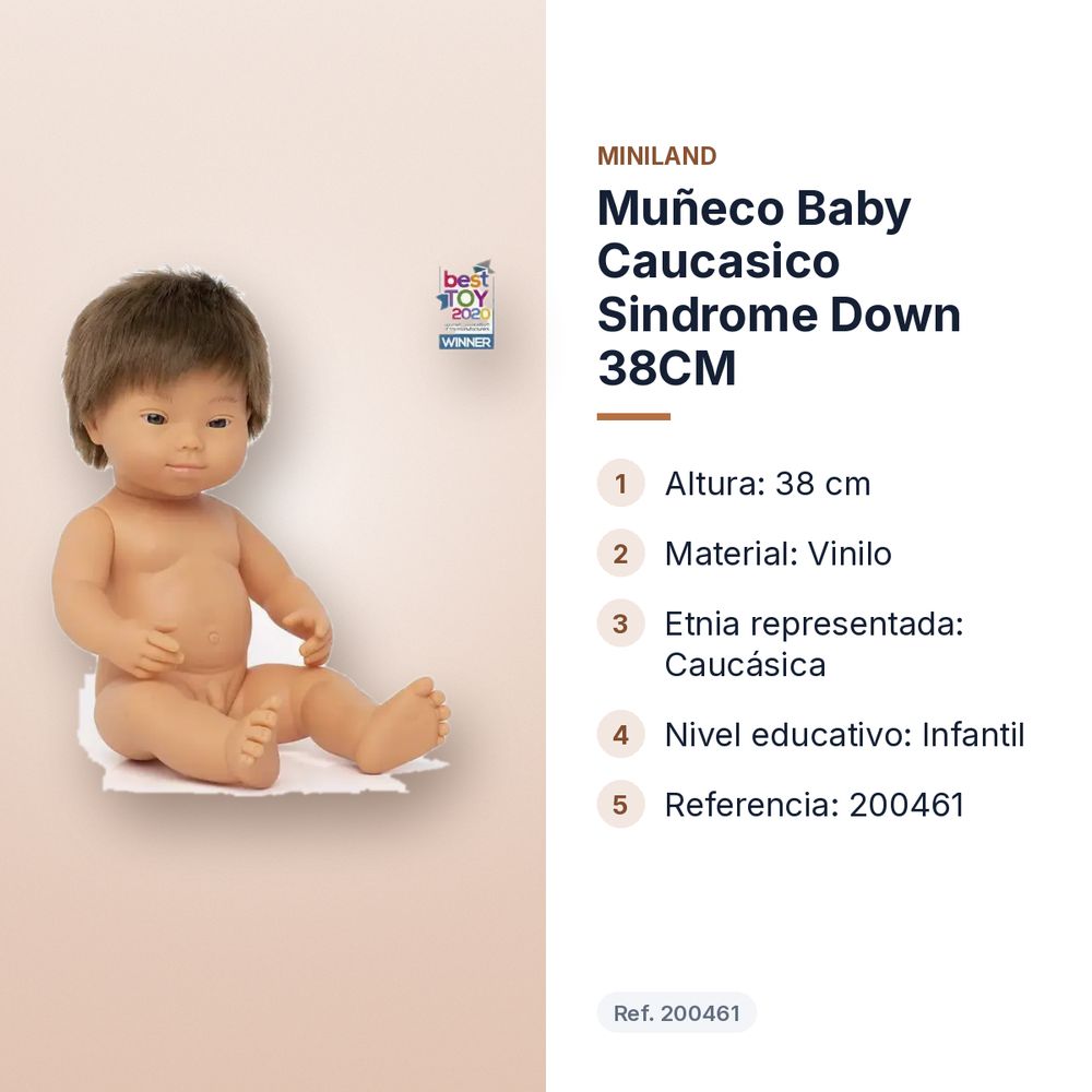 MUÑECO BABY CAUCASICO SINDROME DOWN  38CM - características principales