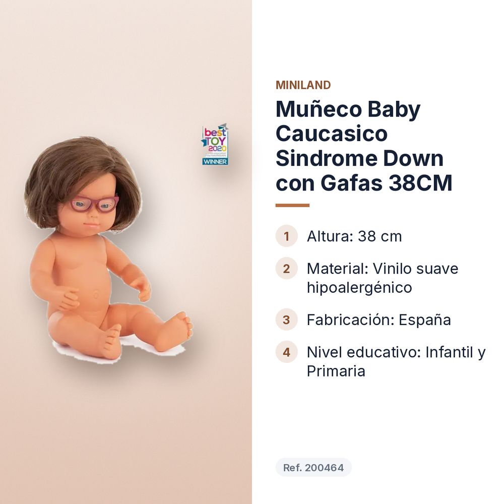 MUÑECO BABY CAUCASICO SINDROME DOWN CON GAFAS 38CM - características principales