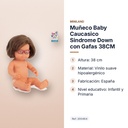MUÑECO BABY CAUCASICO SINDROME DOWN CON GAFAS 38CM - características principales