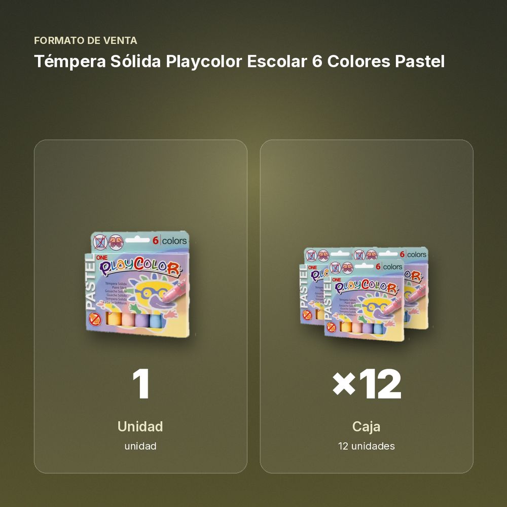 TÉMPERA SÓLIDA PLAYCOLOR ESCOLAR 6 COLORES PASTEL - formato de venta: caja de 12