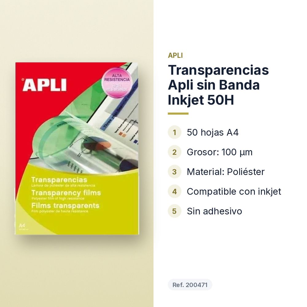 TRANSPARENCIAS APLI SIN BANDA INKJET 50H - características principales