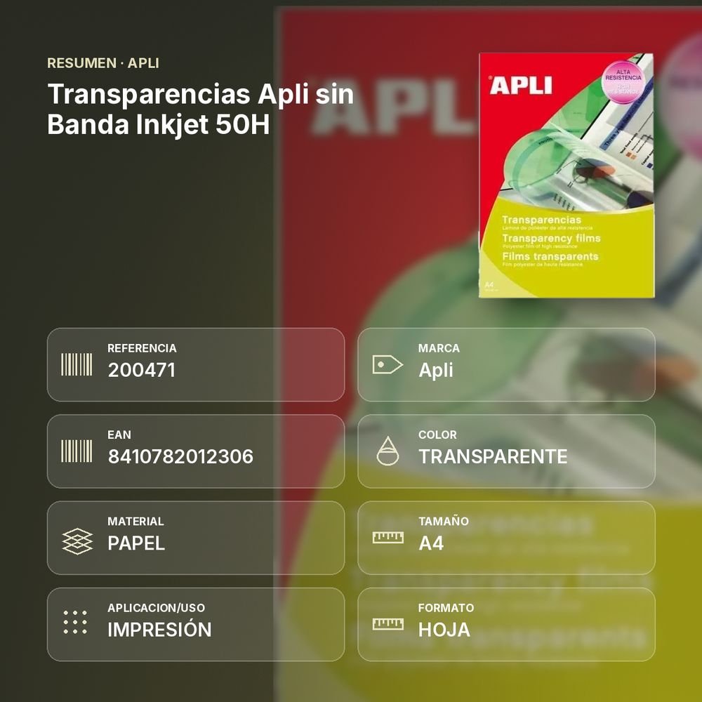TRANSPARENCIAS APLI SIN BANDA INKJET 50H - resumen de atributos