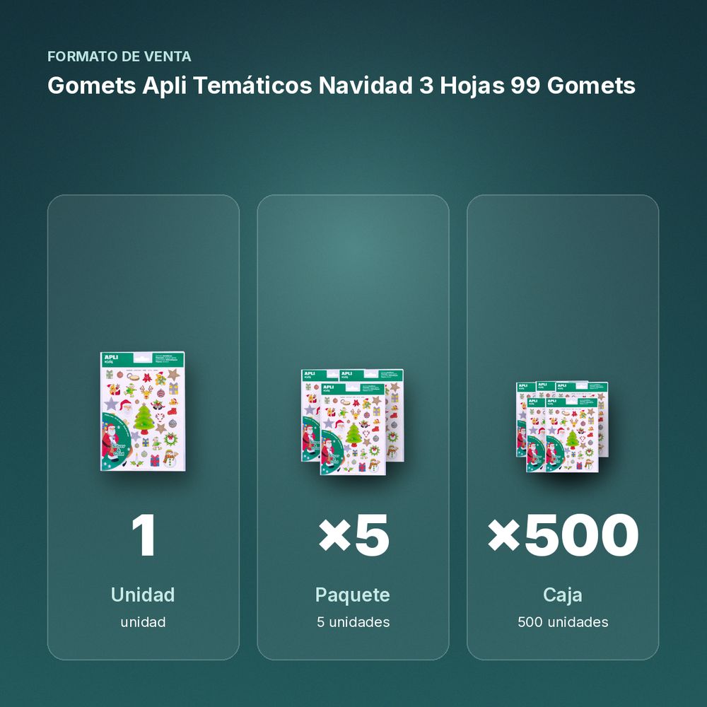 GOMETS APLI TEMÁTICOS NAVIDAD 3 HOJAS 99 GOMETS - formato de venta: paquete de 5, caja de 500, palé de 18000