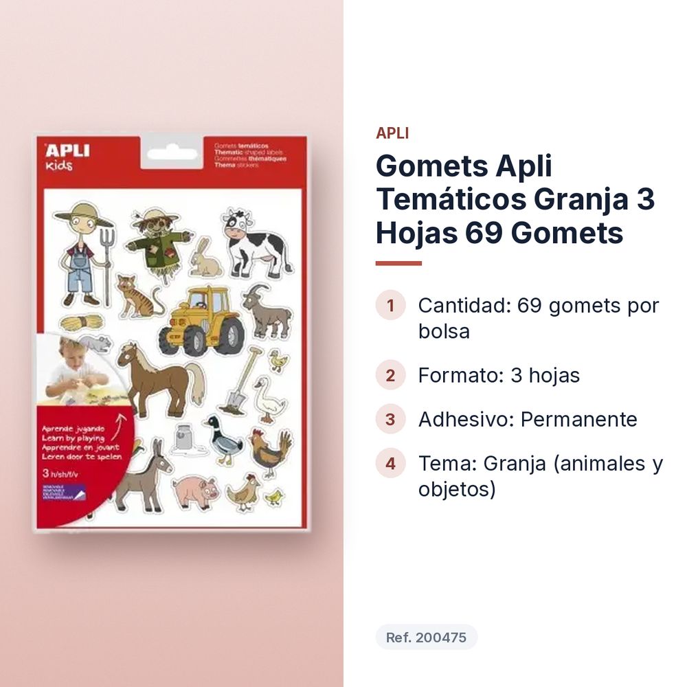 GOMETS APLI TEMÁTICOS GRANJA 3 HOJAS 69 GOMETS  - características principales