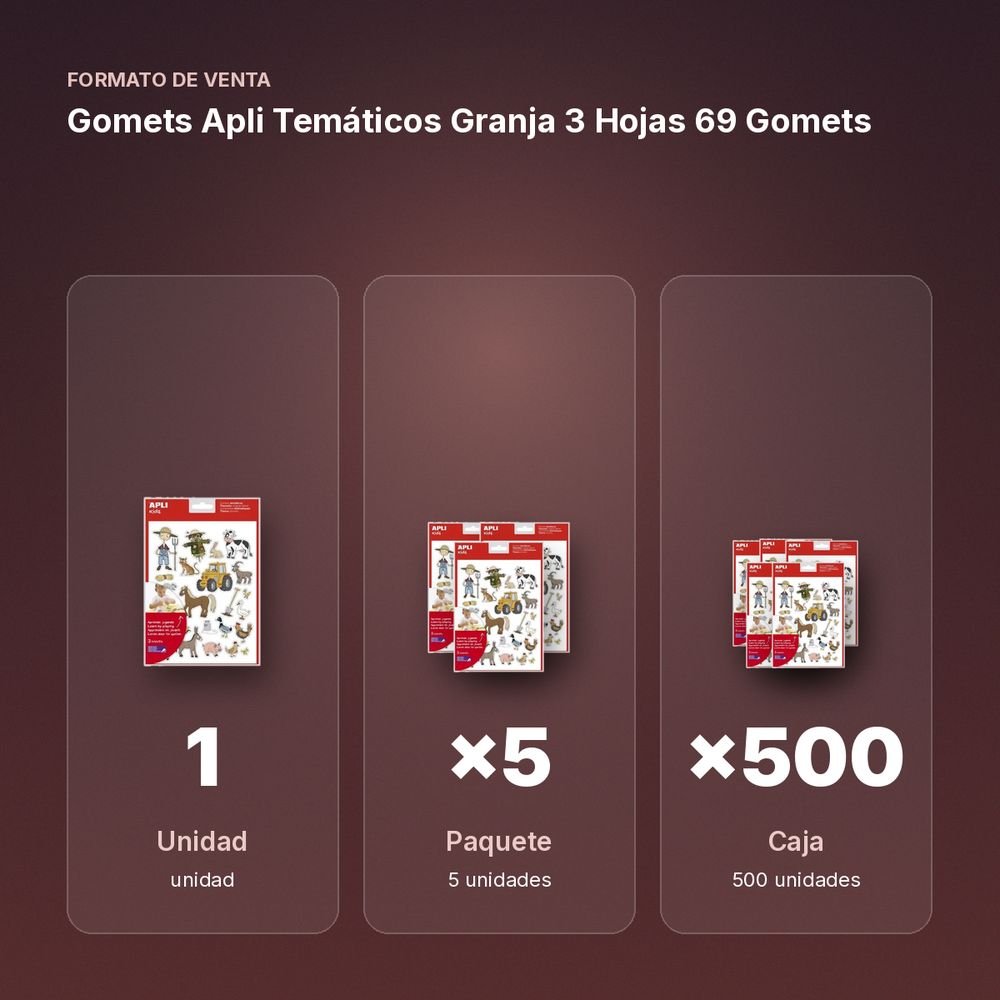 GOMETS APLI TEMÁTICOS GRANJA 3 HOJAS 69 GOMETS  - formato de venta: paquete de 5, caja de 500, palé de 18000