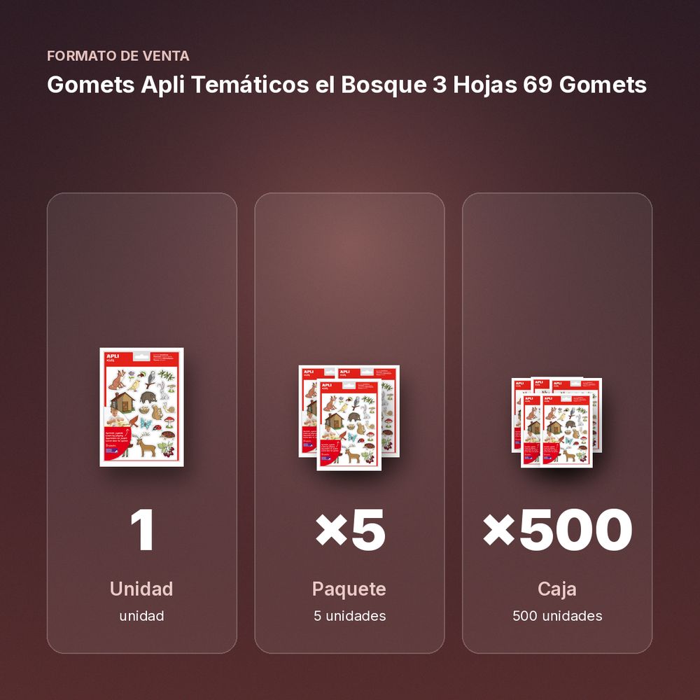 GOMETS APLI TEMÁTICOS EL BOSQUE 3 HOJAS 69 GOMETS  - formato de venta: paquete de 5, caja de 500, palé de 18000