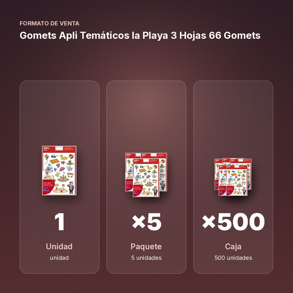 GOMETS APLI TEMÁTICOS LA PLAYA 3 HOJAS 66 GOMETS   - formato de venta: paquete de 5, caja de 500, palé de 18000