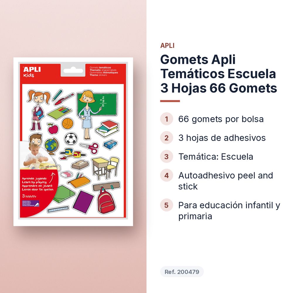 GOMETS APLI TEMÁTICOS ESCUELA 3 HOJAS 66 GOMETS   - características principales