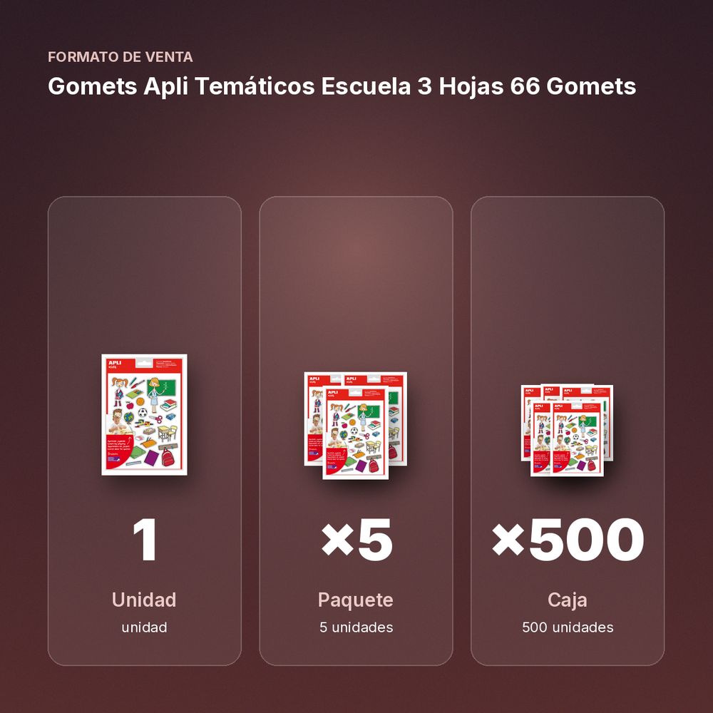 GOMETS APLI TEMÁTICOS ESCUELA 3 HOJAS 66 GOMETS   - formato de venta: paquete de 5, caja de 500, palé de 18000