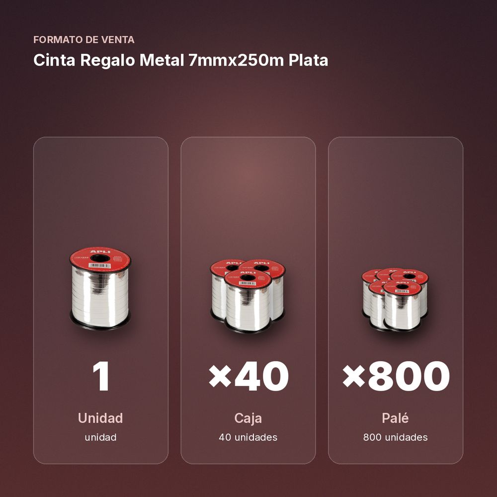 CINTA REGALO METAL 7MMX250M PLATA - formato de venta: caja de 40, palé de 800