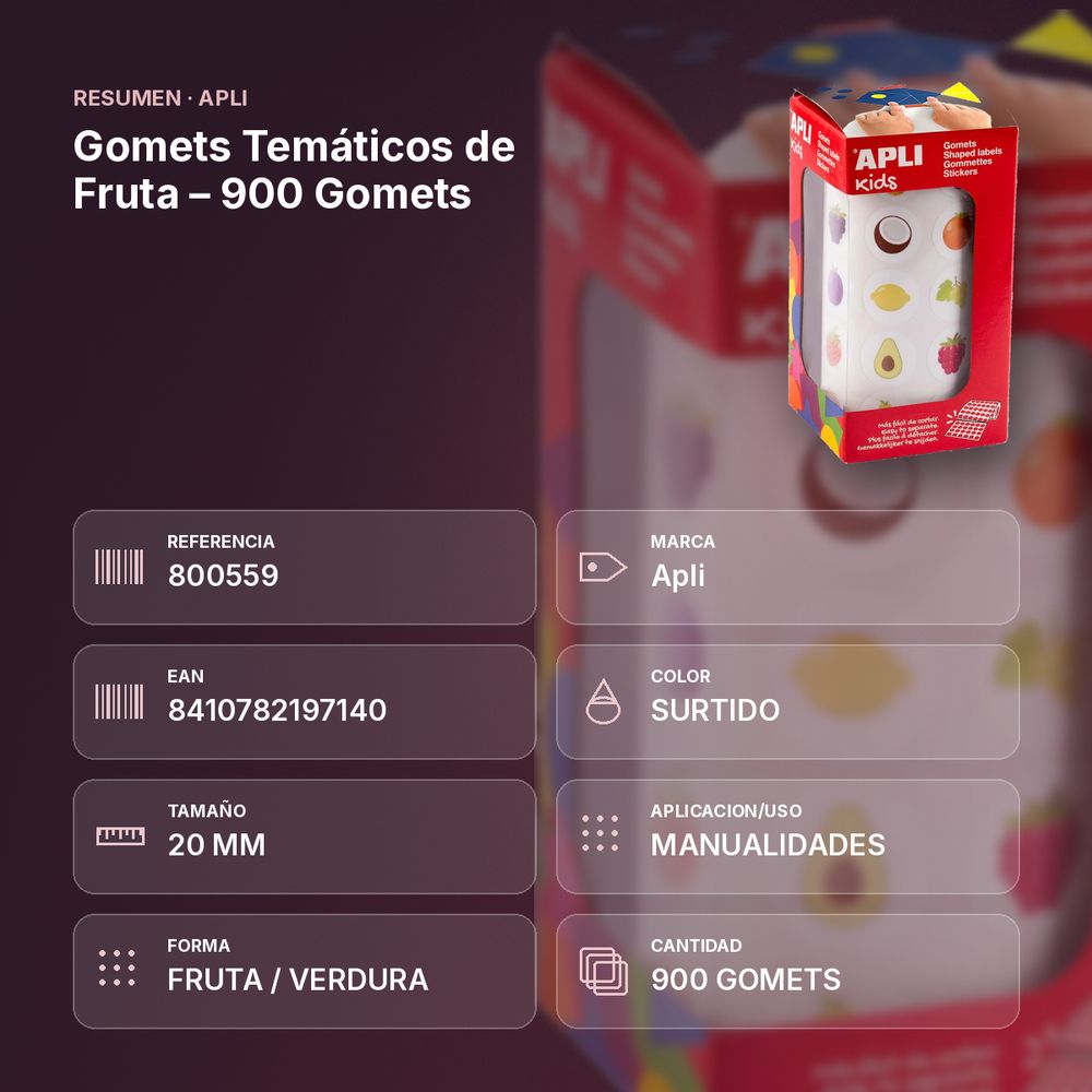 GOMETS TEMÁTICOS DE FRUTA  – 900 GOMETS   - resumen de atributos