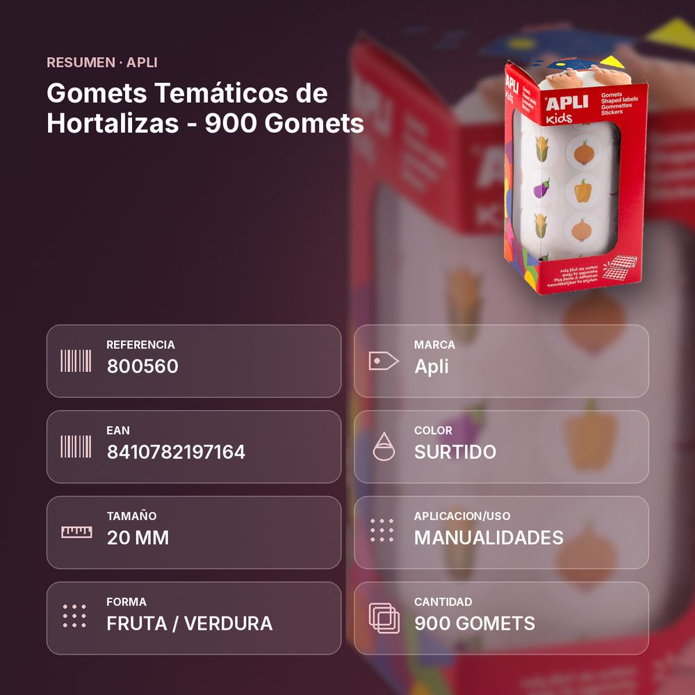 GOMETS TEMÁTICOS DE HORTALIZAS  - 900 GOMETS   - resumen de atributos