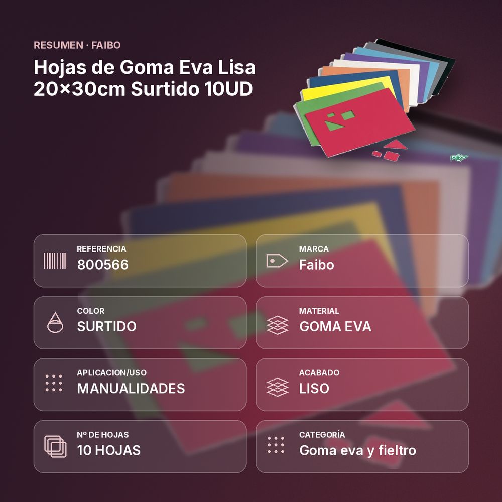HOJAS DE GOMA EVA LISA 20X30CM SURTIDO 10UD - resumen de atributos