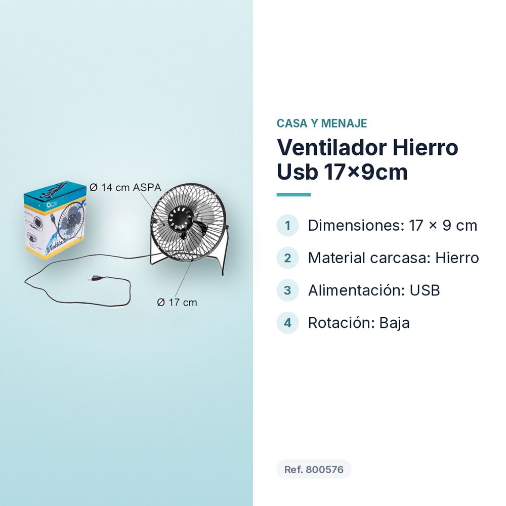 VENTILADOR HIERRO USB 17X9CM - características principales
