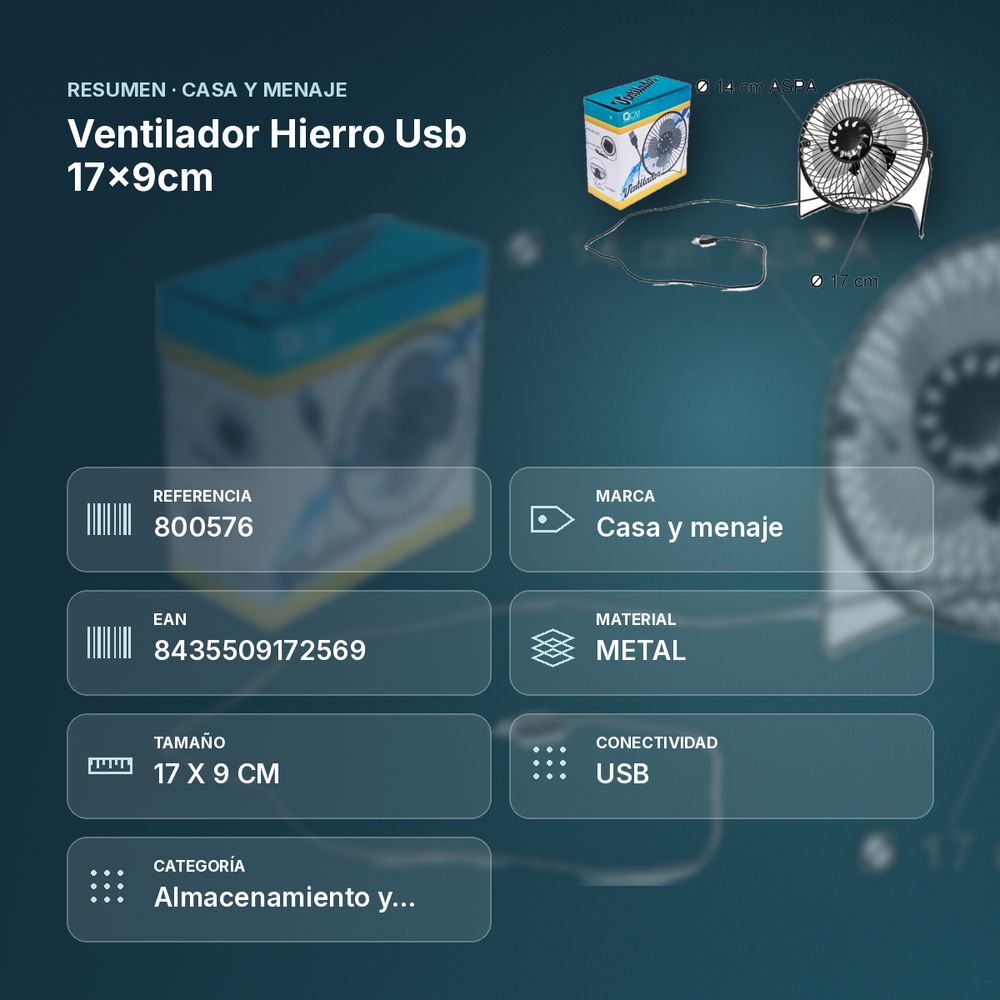 VENTILADOR HIERRO USB 17X9CM - resumen de atributos