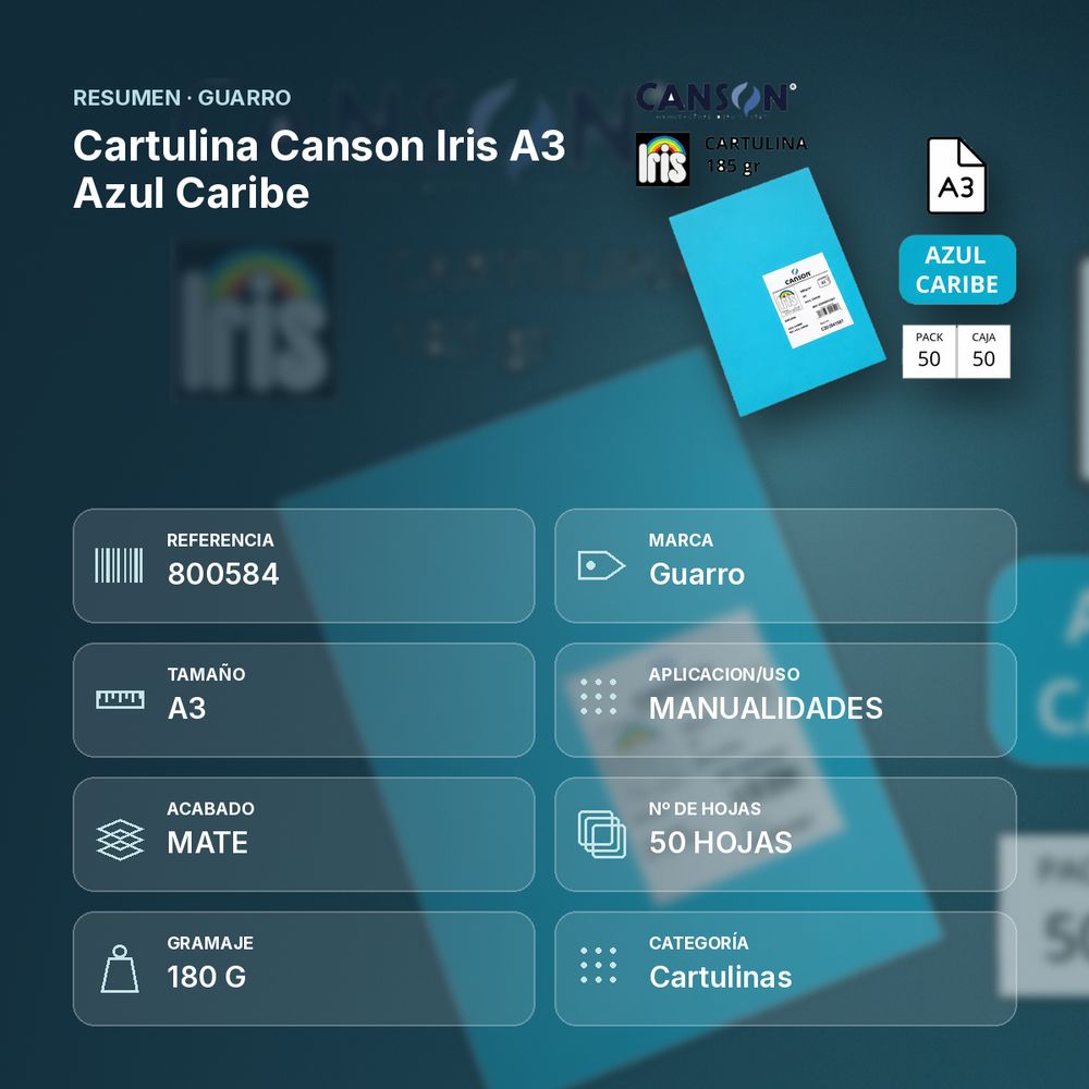CARTULINA CANSON IRIS A3 AZUL CARIBE - resumen de atributos