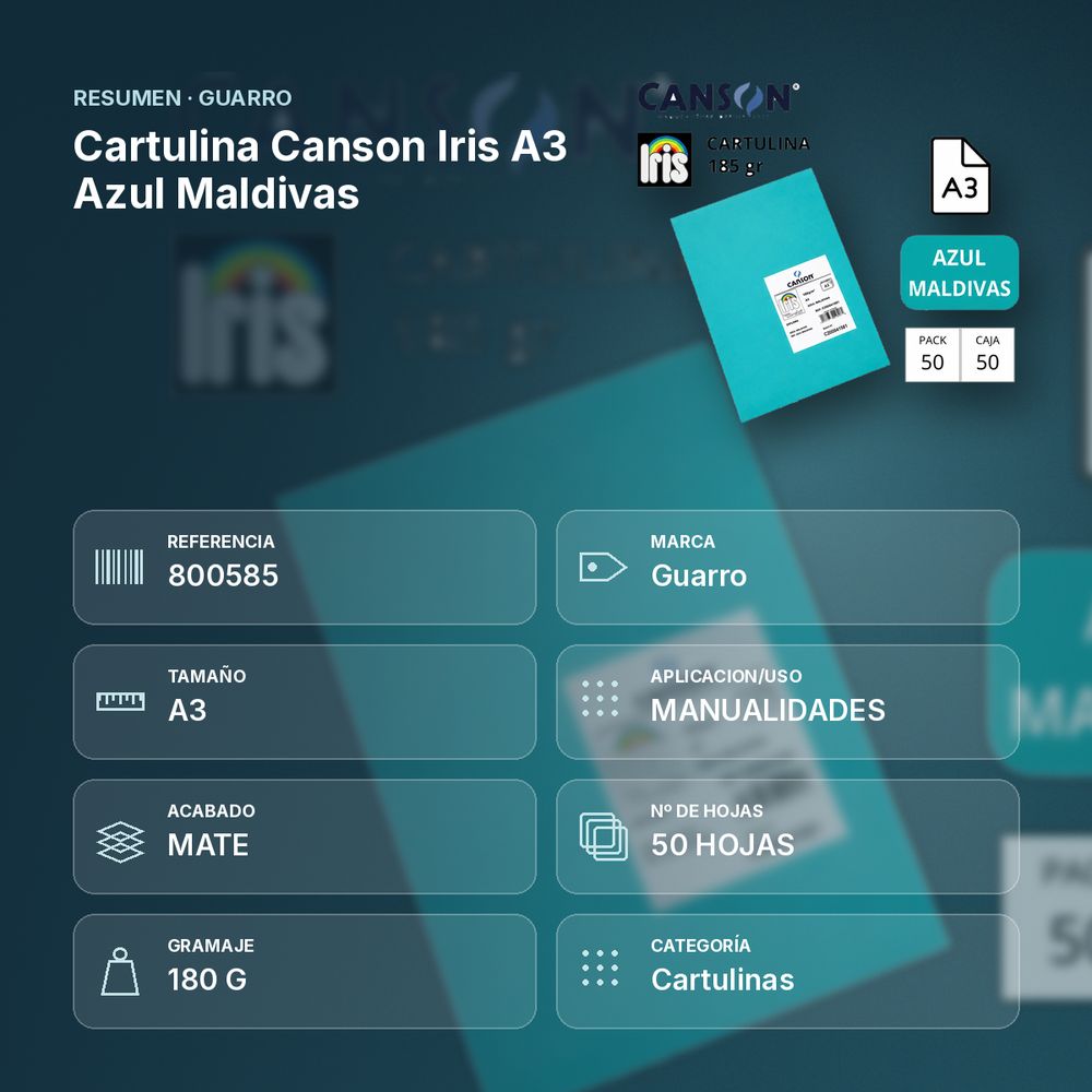 CARTULINA CANSON IRIS A3 AZUL MALDIVAS - resumen de atributos