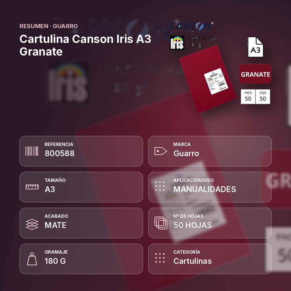 CARTULINA CANSON IRIS A3 GRANATE - resumen de atributos