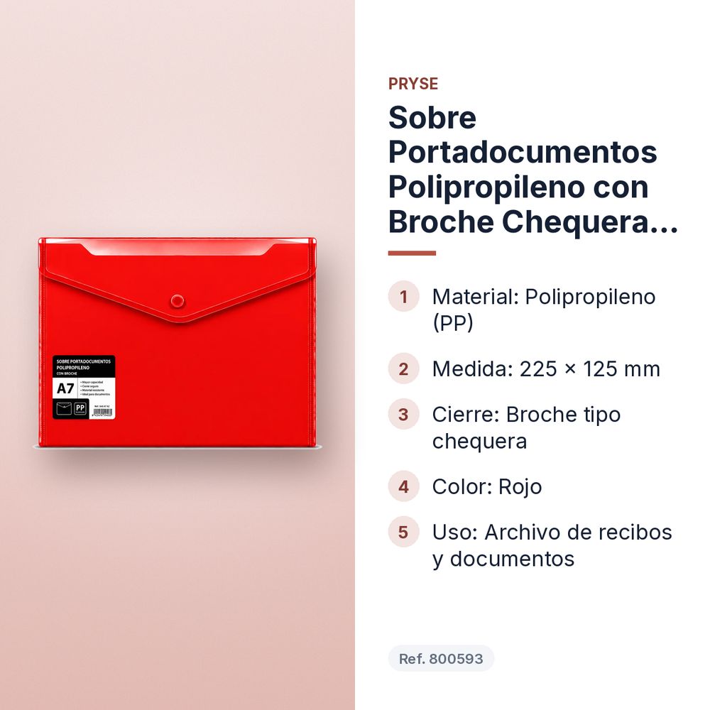 SOBRE PORTADOCUMENTOS POLIPROPILENO CON BROCHE CHEQUERA ROJO 225X125 - características principales