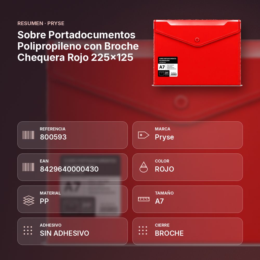 SOBRE PORTADOCUMENTOS POLIPROPILENO CON BROCHE CHEQUERA ROJO 225X125 - resumen de atributos
