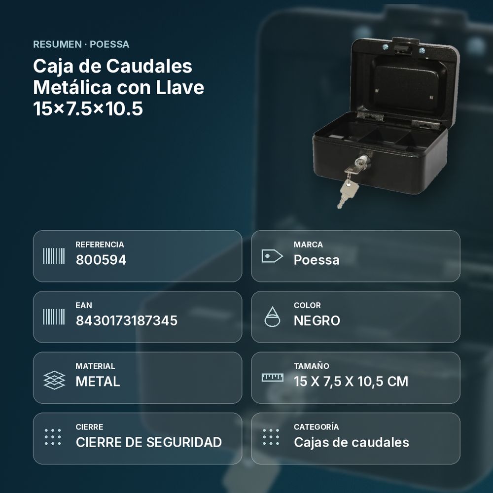 CAJA DE CAUDALES METÁLICA CON LLAVE 15X7.5X10.5 - resumen de atributos
