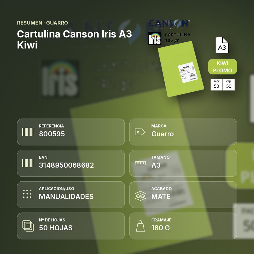 CARTULINA CANSON IRIS A3 KIWI - resumen de atributos