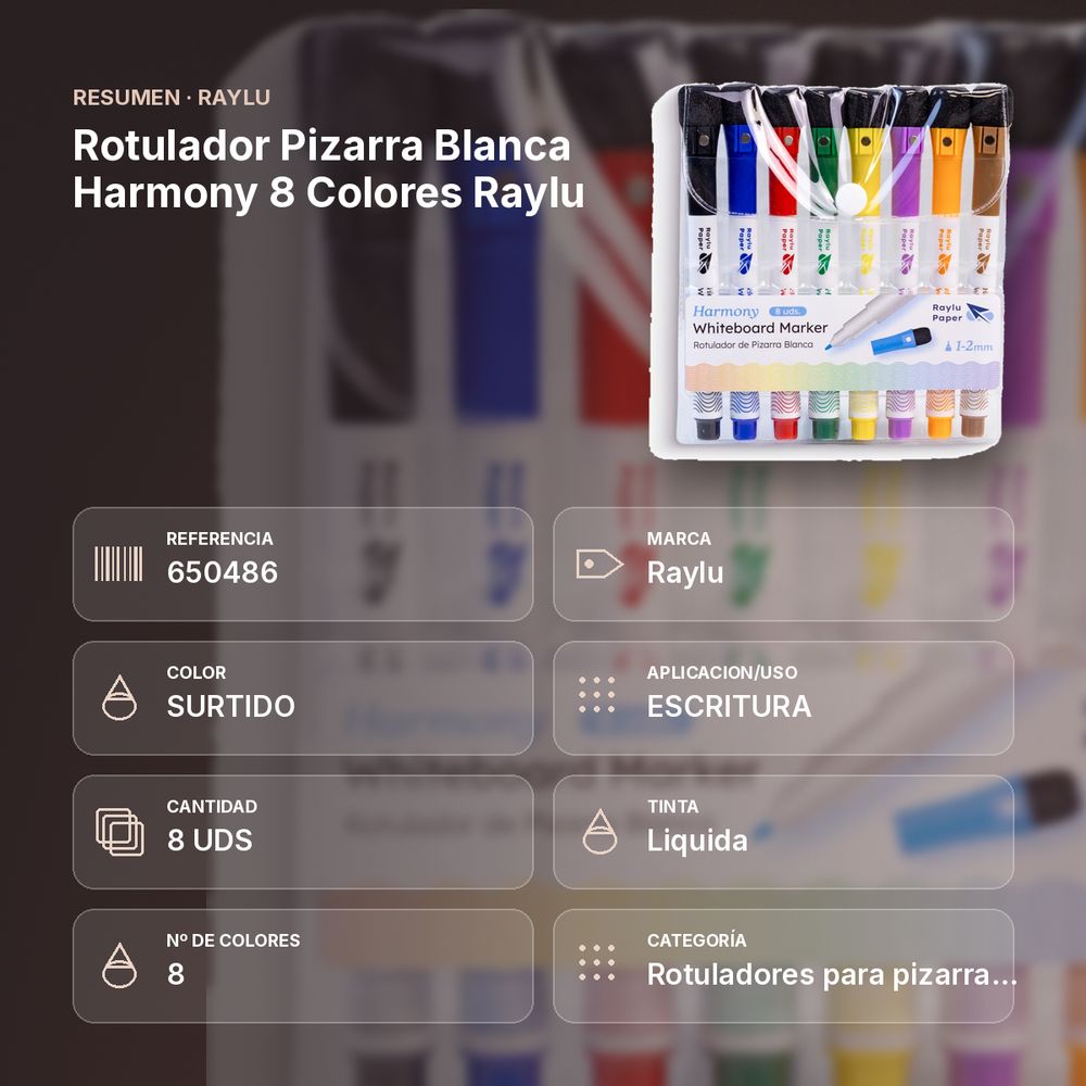 ROTULADOR PIZARRA BLANCA HARMONY 8 COLORES RAYLU - resumen de atributos