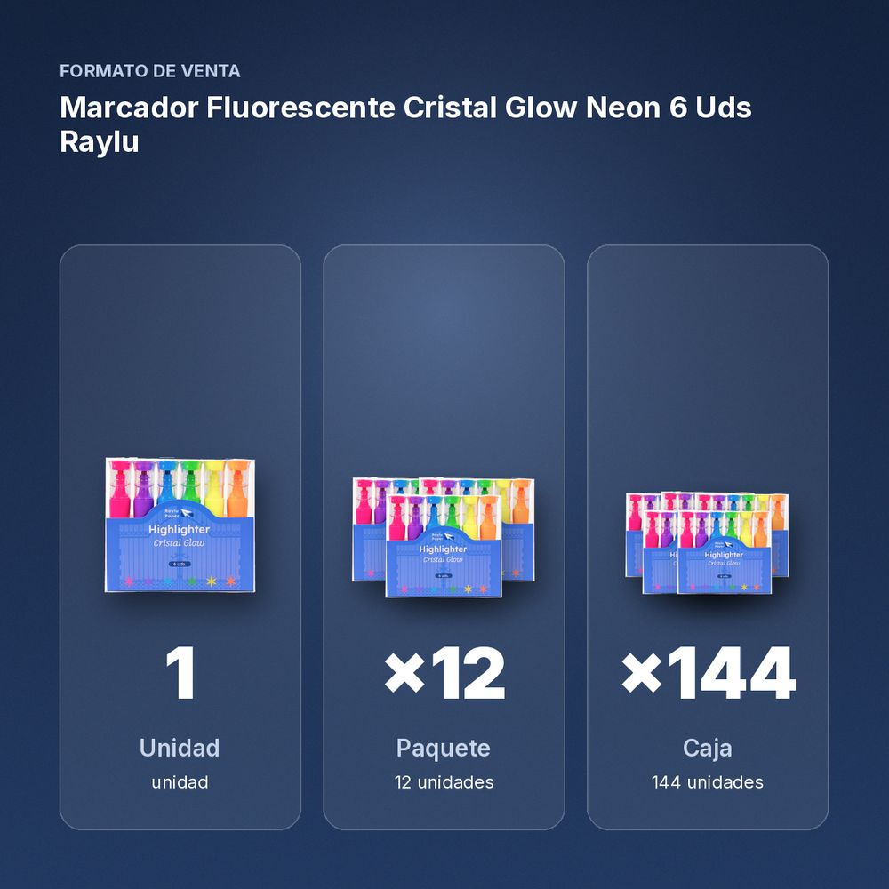 MARCADOR FLUORESCENTE CRISTAL GLOW NEON 6 UDS RAYLU - formato de venta: paquete de 12, caja de 144