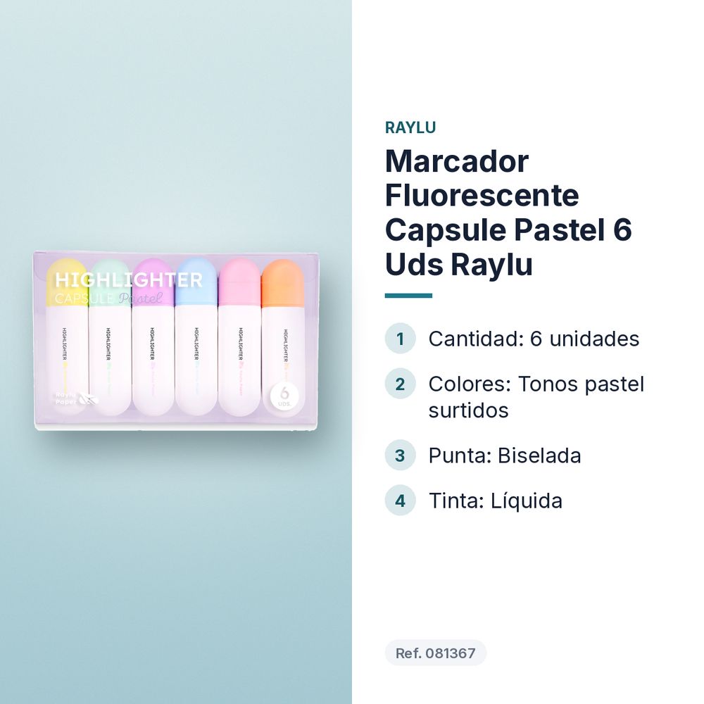 MARCADOR FLUORESCENTE CAPSULE PASTEL 6 UDS RAYLU - características principales